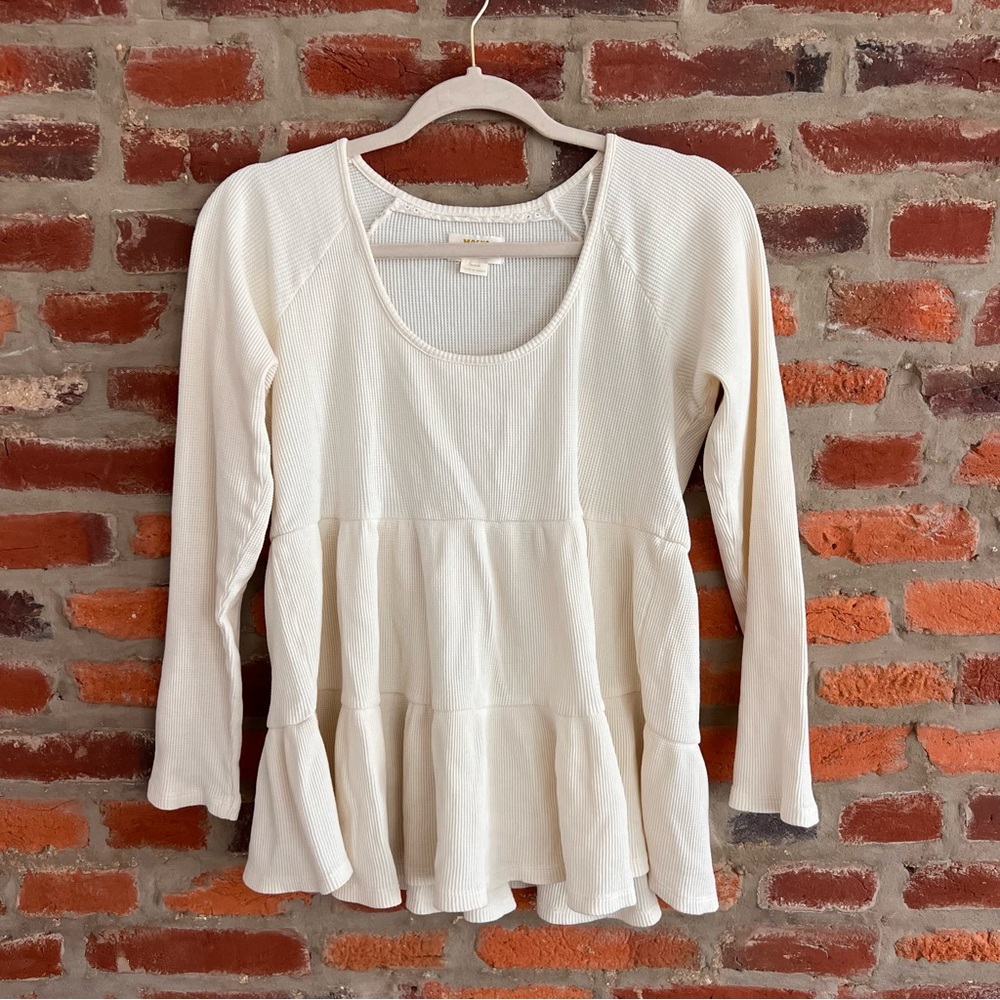Anthropologie Cream Scoop-Neck Waffle Babydoll Long Sleeve Top